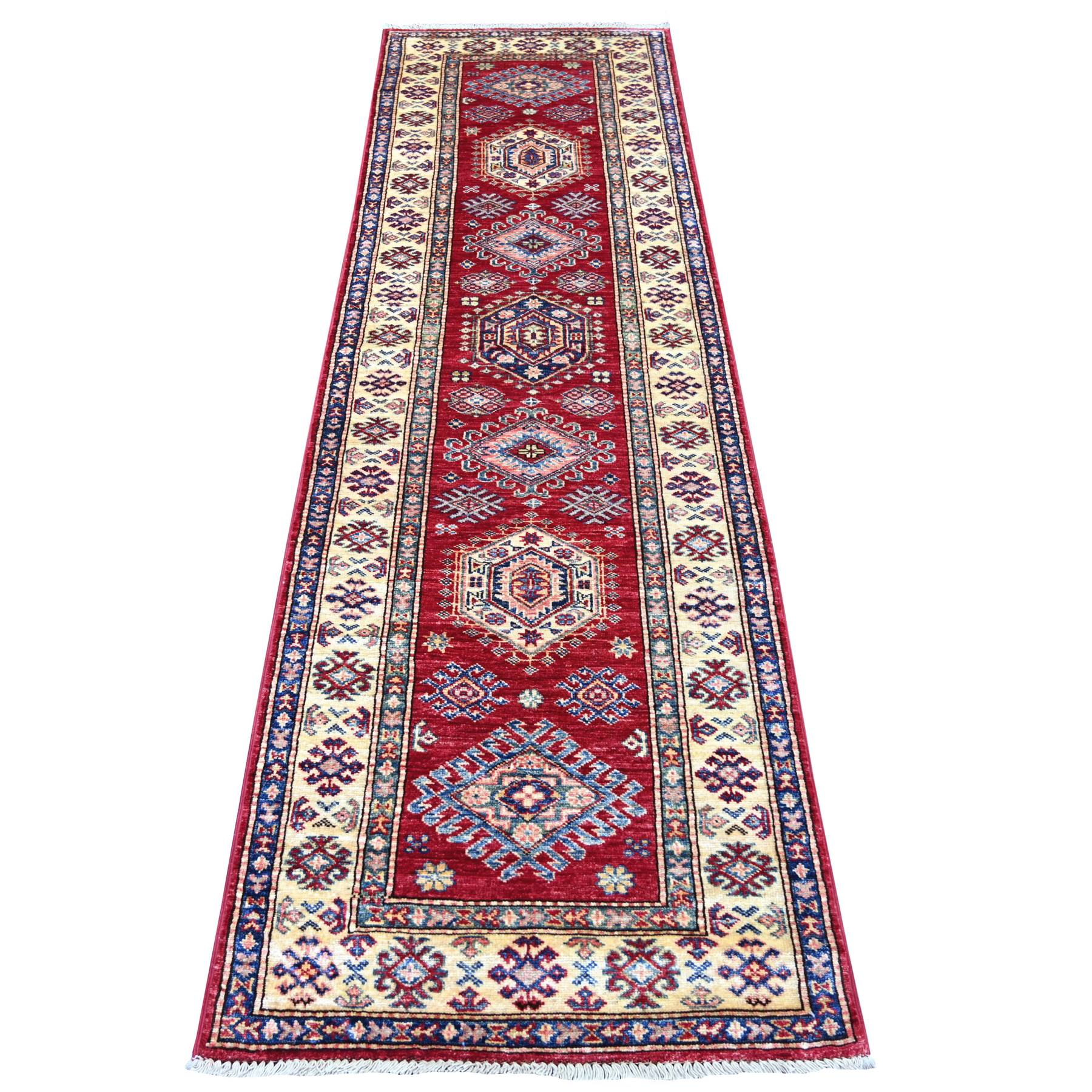 2'6"x8'3" Berry Red, Afghan Super Kazak with Geometric Medallions Design, Hand Knotted, Vegetable Dyes, Pure Wool, Runner, Oriental Rug 